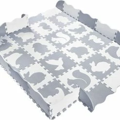 Maison Extravagante - Baby Speelmat Puzzel XL Dierentuin Met PVC Opbergtas - Grijs - Wit - EVA Schuim - 150x150x 1.2cm - Speelmat Met Rand - Speelbox