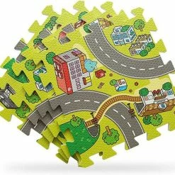 Buxibo Kinder Speelmat - Straten Puzzelmat - 9-delig Speel Kleed Met Wegen, Straten En Gebouwen - Educatief Speel Kleed Voor Baby/Peuters/Kinderen Vanaf 0 Jaar - 90x90 Cm