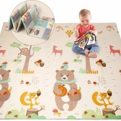 FOXSPORT Speelmat Baby Kinderen - Antislip En Waterafstotend - Kruipmat - Dubbelzijdig Speelkleed - XL - Opvouwbaar - 1,5CM Dik - Foam - Panda & Hertje - 180 X 200 CM - Inclusief Opbergtas - Kampeermat