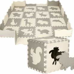 Springos Speelmat | Speelmat Foam | Puzzelmat | Figuren | Dieren | 16 Puzzelstukken | 150 X 150 Cm | Creme/Grijs