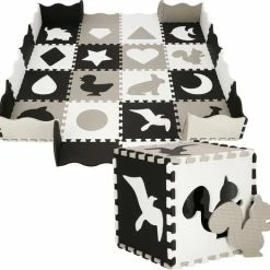 Springos Speelmat | Speelmat Foam | Puzzelmat | Figuren | 16 Puzzelstukken | 150 X 150 Cm | Zwart/Wit/Grijs