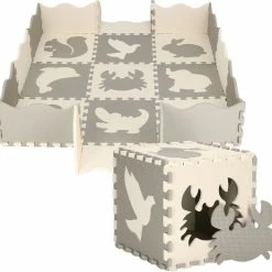 Springos Speelmat | Speelmat Foam | Puzzelmat | Figuren | Dieren | 9 Puzzelstukken | 120 X 120 Cm | Creme/Grijs