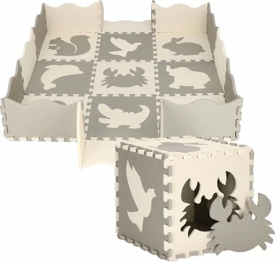 Springos Speelmat | Speelmat Foam | Puzzelmat | Figuren | Dieren | 9 Puzzelstukken | 120 X 120 Cm | Creme/Grijs 3 Springos Speelmat | Speelmat Foam | Puzzelmat | Figuren | Dieren | 9 Puzzelstukken | 120 X 120 Cm | Creme/Grijs