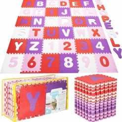 Springos Speelmat | Speelmat Foam | Puzzelmat | 36 Stukken | Letters & Cijfers | 175 X 175 Cm | Roze/Rood/Paars/Wit