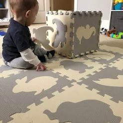 Maison Extravagante - Baby Speelmat Puzzel XL Dierentuin Met PVC Opbergtas - Grijs - Wit - EVA Schuim - 150x150x 1.2cm - Speelmat Met Rand - Speelbox -Exporteren speelkleden winkel 550x734 1